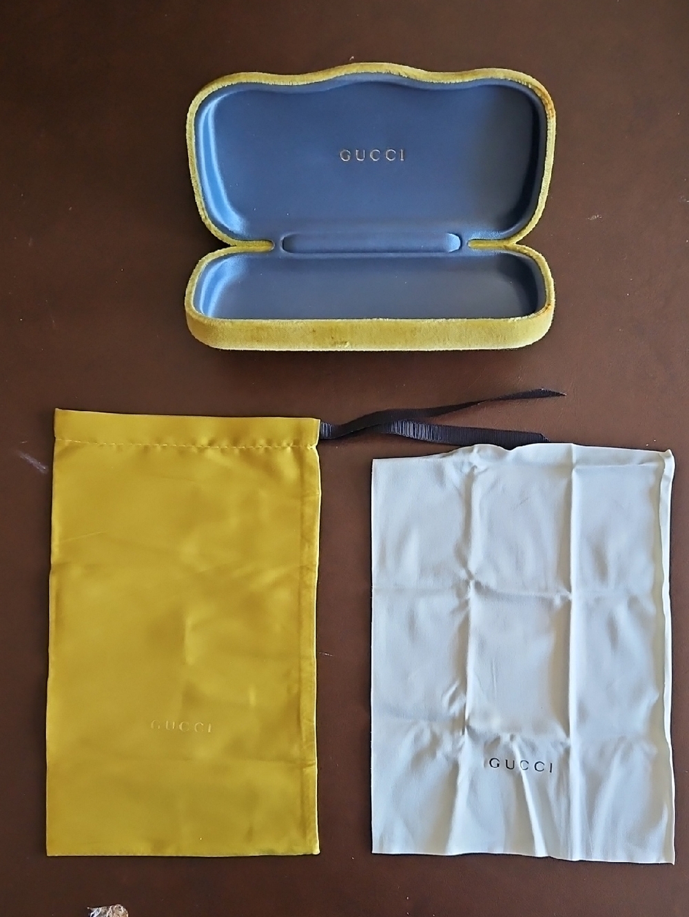 Gucci Velvet Eyewear Case with Blue Interior and Yellow Exterior